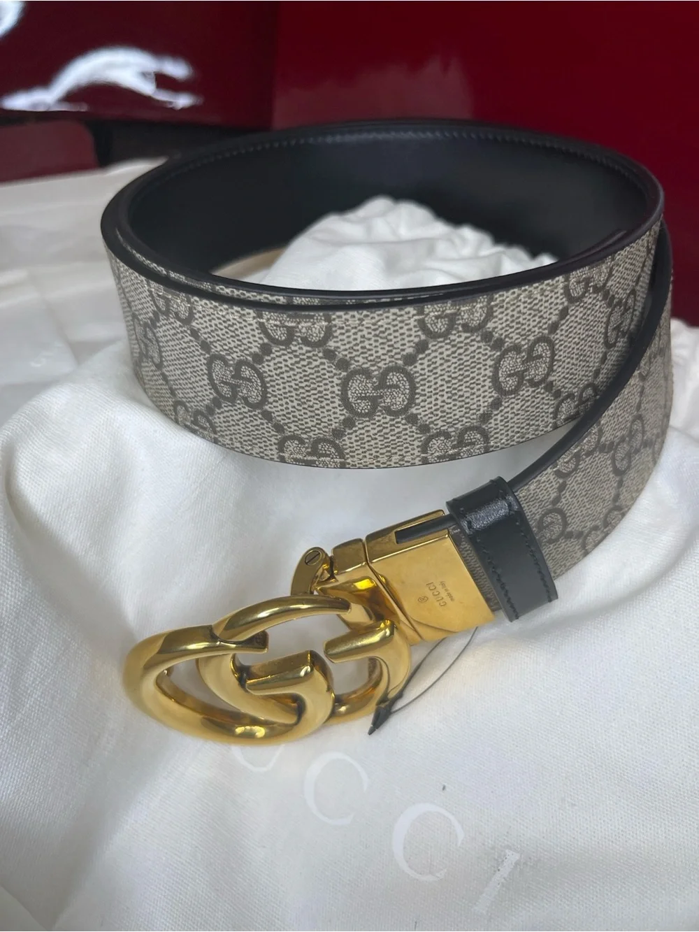 Gucci Reversible Beige GG Canvas Belt with Black Trim and Gold Double G Buckle